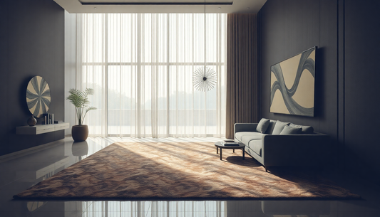 Modern living room with large brown luxury rug and natural light showcasing how to choose a luxury rug