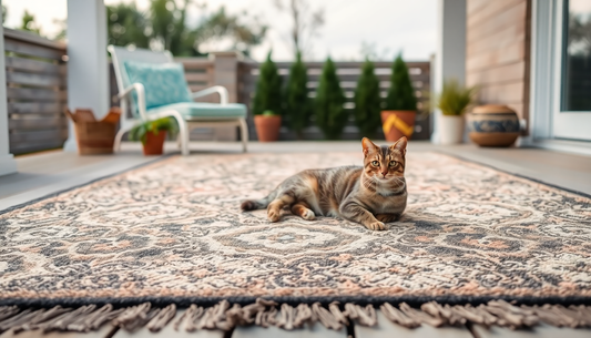 Outdoor Rugs: Stylish and Durable Patio Rugs from London Luxury Rugs. Cat on patterned rug on balcony with chair and potted plants