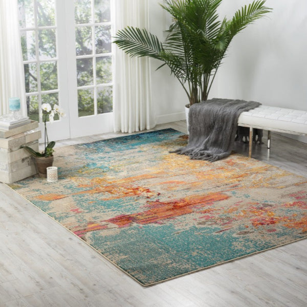 Colorful abstract rug in a room with a bench, plant, and window.