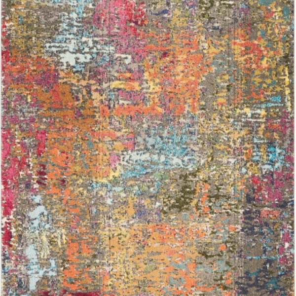Multicolored abstract patterned rug with various colors.