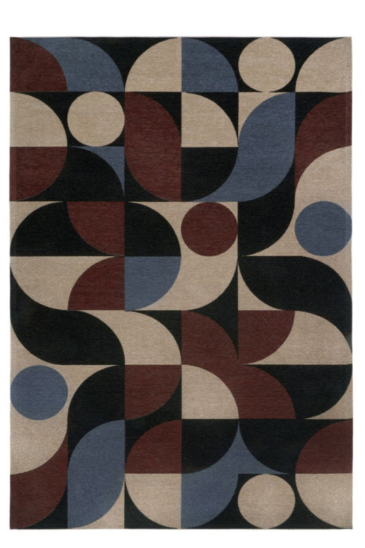 Geometric patterned rug with circular shapes in various colors on a white background