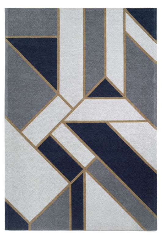 Geometric patterned rug with blue, gray, and white colors on a white background