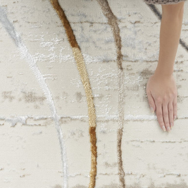 Close-up of a textured rug with a hand touching it