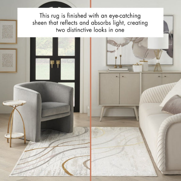 Living room with a rug featuring eye-catching sheen, reflecting and absorbing light.
