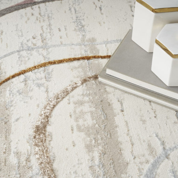 Close-up of a textured rug with geometric patterns and a white decorative object.