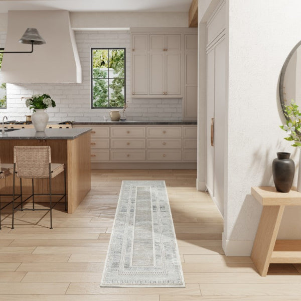 Modern kitchen with a long rectangular rug on the floor