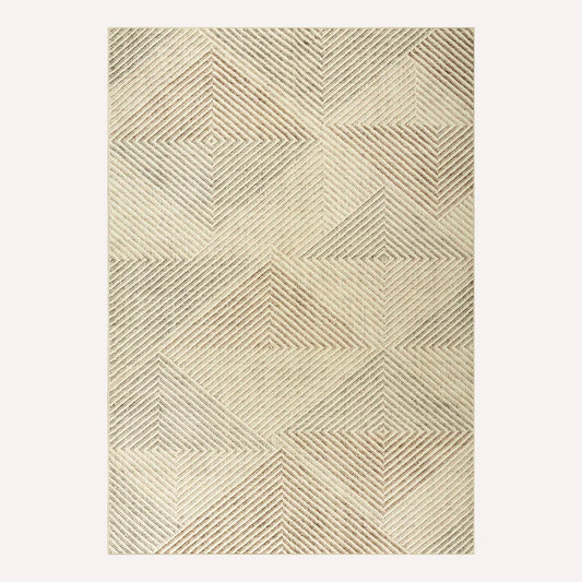 Beige area rug with geometric pattern on a white background