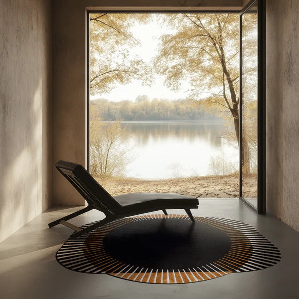 Modern interior with a lounge chair and large window overlooking a lake and trees.