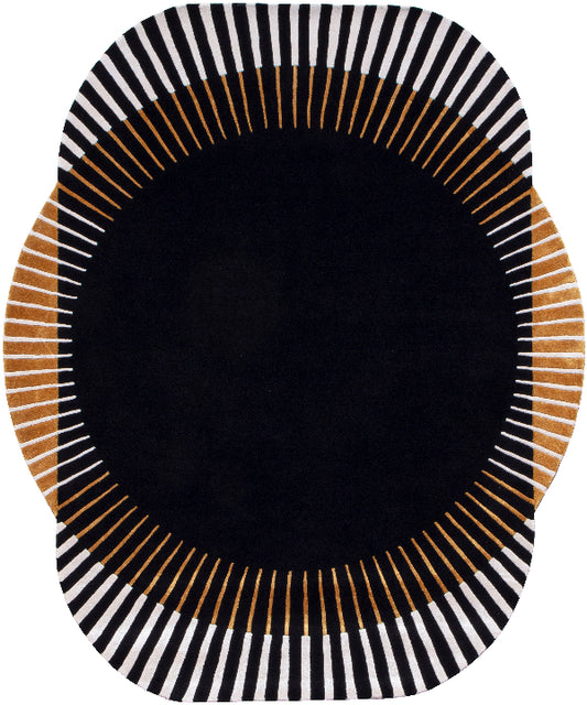 Round black rug with concentric circular patterns in gold and white on a white background