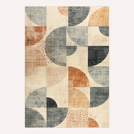Geometric patterned rug with circular shapes in earthy tones on a beige background