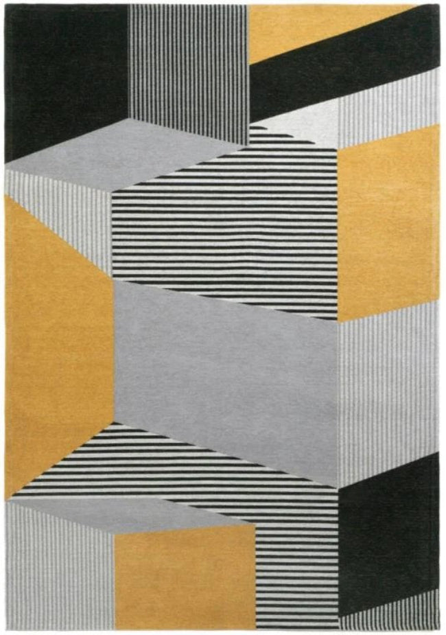 Geometric patterned rug with black, yellow, and gray colors