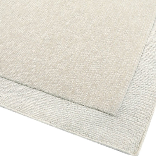 Close up of a Beige area rug with a subtle pattern on a white background with a border
