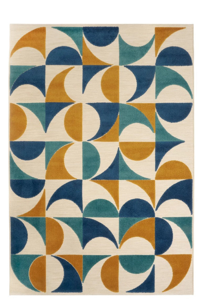 Geometric patterned rug with blue, orange, and beige colors on a white background