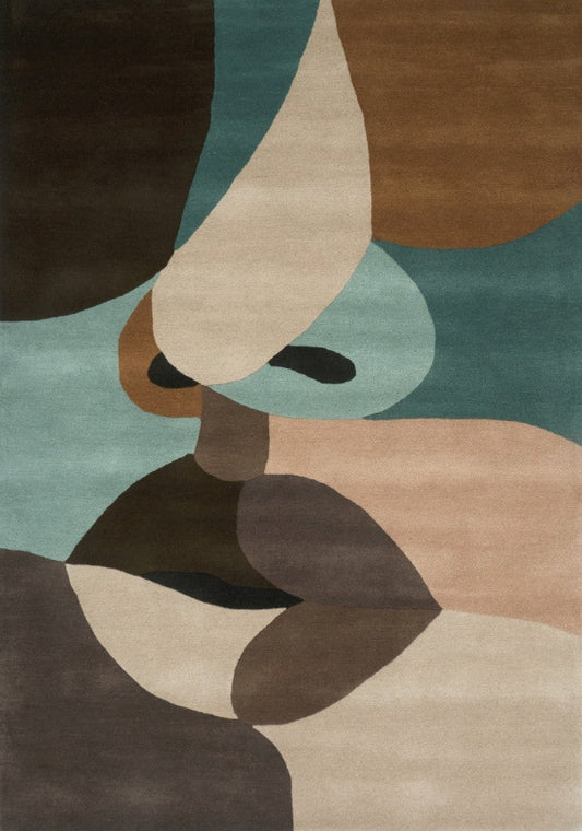 Abstract art piece with geometric shapes in brown, beige, and green on a textured surface.