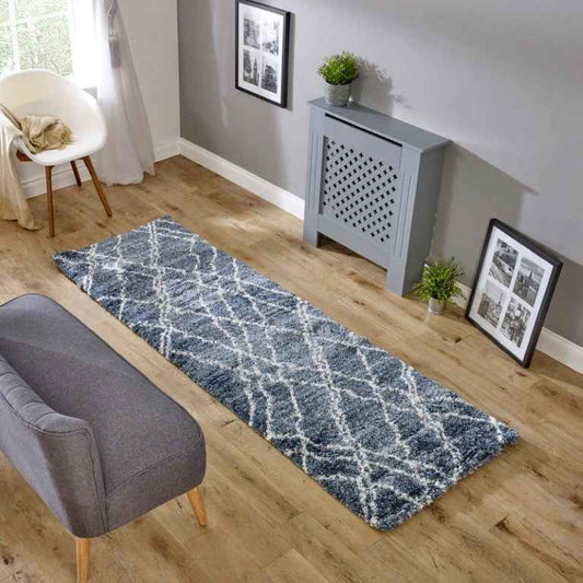 The Alto Moroccan Shaggy Rugs in blue and white, perfect for adding luxury and comfort to your home decor