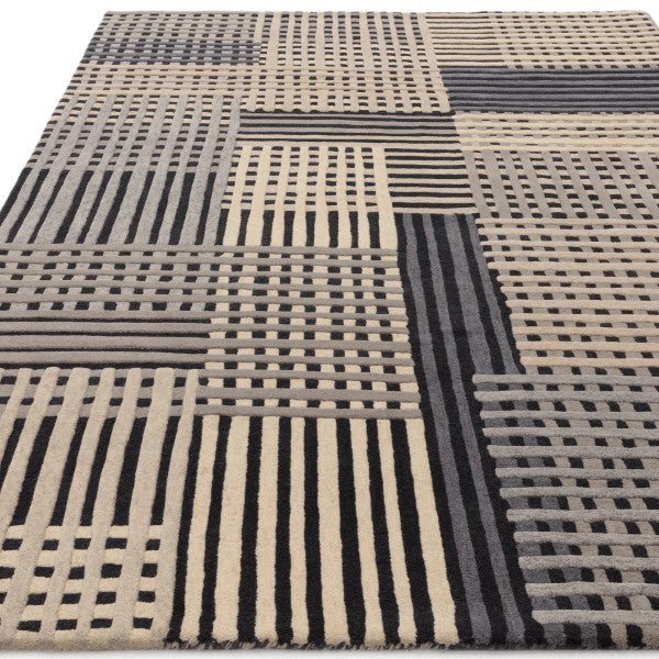 Asiatic Aspect Contemporary Designer Rug with geometric black grey and beige stripe patterns
