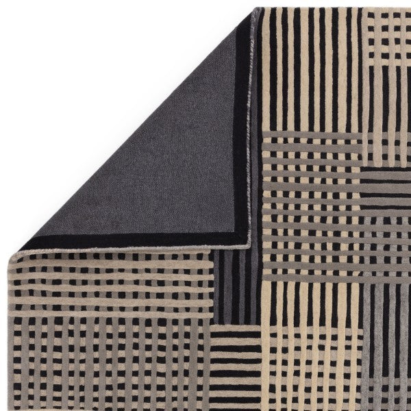 Asiatic luxury Aspect Contemporary Designer Rug with geometric black and beige pattern and folded corner