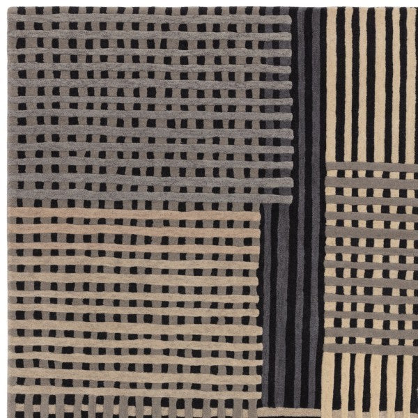 Asiatic Aspect Contemporary Designer Rug with black and beige geometric stripes and squares pattern