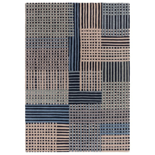 Asiatic Aspect Contemporary Designer Rug with geometric patchwork pattern in blue and beige tones