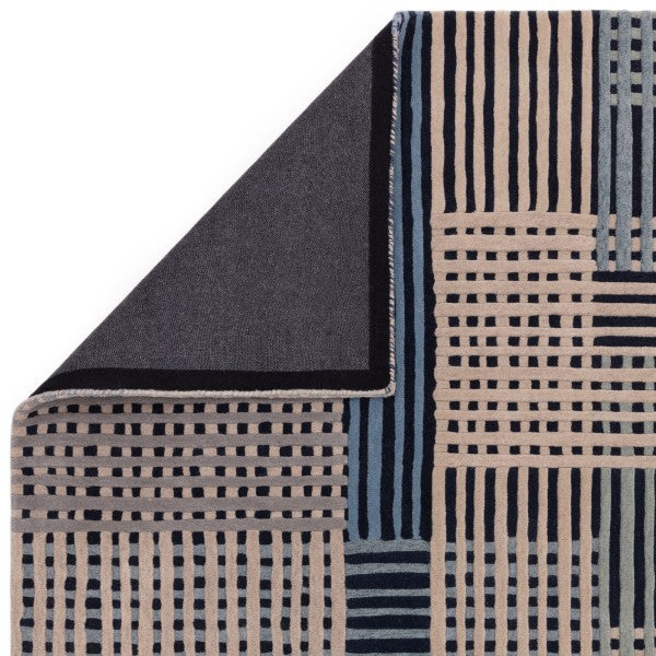 Asiatic Aspect Contemporary Designer Rug with geometric striped pattern in blue and beige tones