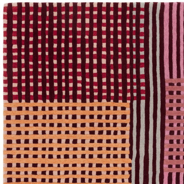 Asiatic Aspect Contemporary Designer Rug with geometric striped pattern in red, pink, brown and beige tones