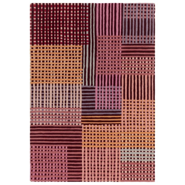Asiatic luxury Aspect Contemporary Designer Rug with striped and checked pattern in warm pink and orange tones