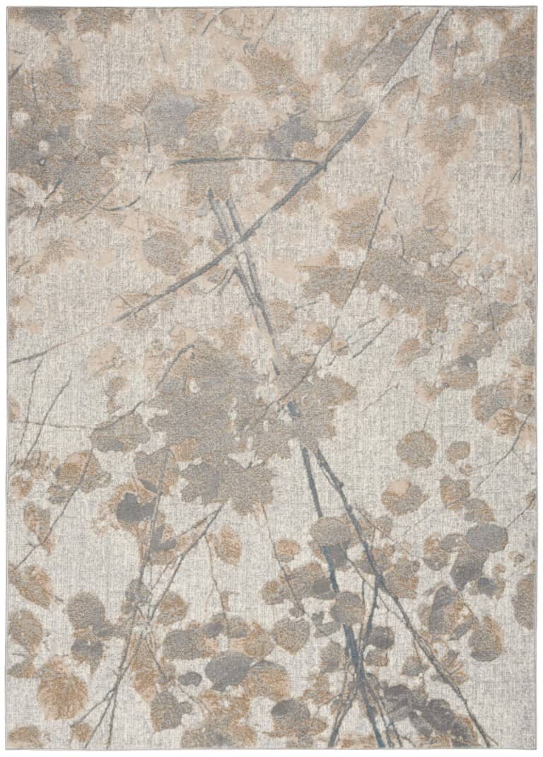 Calvin Klein Rush Rug Collection, luxury area rug with abstract floral pattern in neutral tones of grey and beige