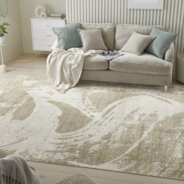 Concept Looms Dune Rug luxury beige and cream patterned rug in stylish living room with grey sofa and cushions