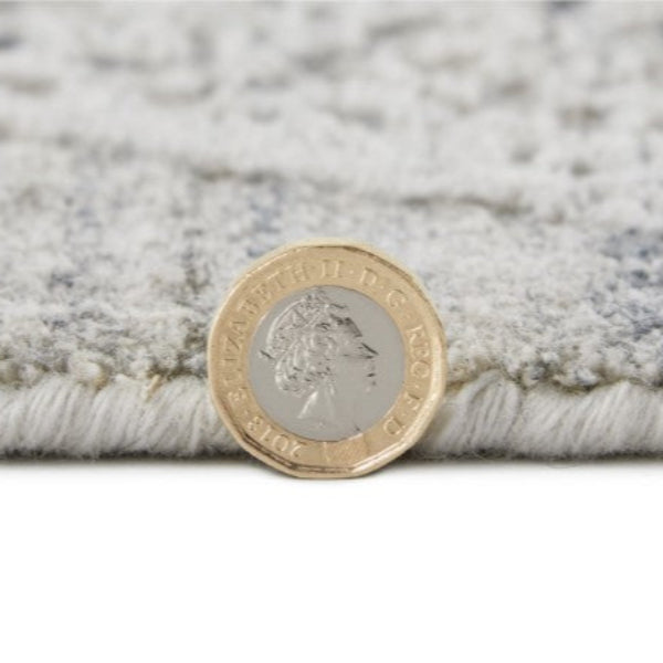 Close-up of thick pile thickness on Concept Looms Dune Rug with British pound coin for scale