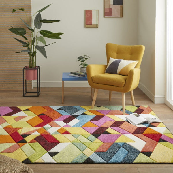 Concept Looms Viva Rug luxury geometric multicolour rug in modern living room with yellow armchair