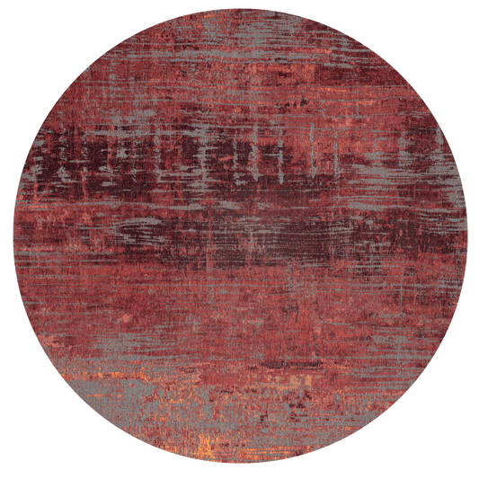 Round rug with a textured red and gray pattern on a white background