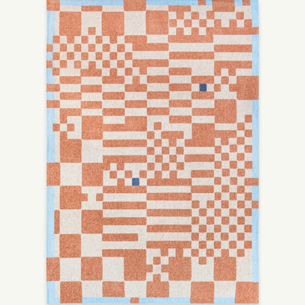 Louis De Poortere Chess rug in luxury design with brown and white geometric chess patterns and light blue border