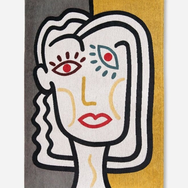 Louis De Poortere Dora and Graffito rug featuring abstract face design in grey yellow and white luxury rug