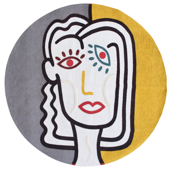 Louis De Poortere Dora and Graffito rug round luxury design with abstract face in yellow and grey