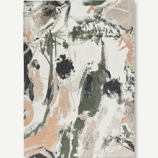 Louis De Poortere Fresque rug with abstract design in green, beige, black, and peach tones by London Luxury Rugs
