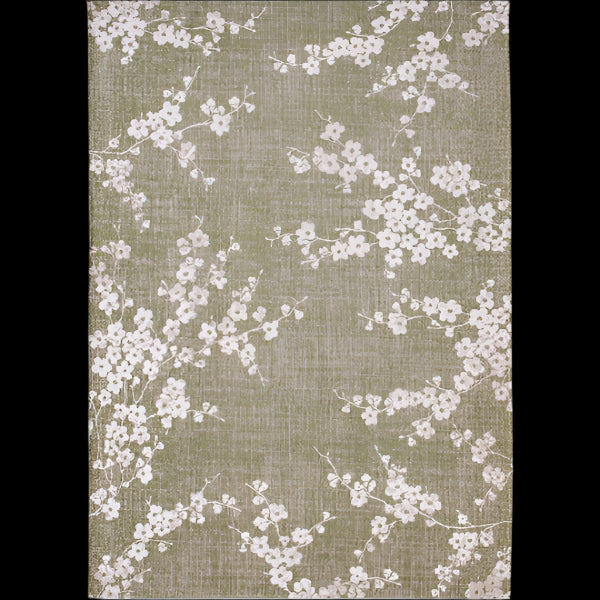 Luxury Louis De Poortere Sakura rug with delicate white floral pattern on olive green background