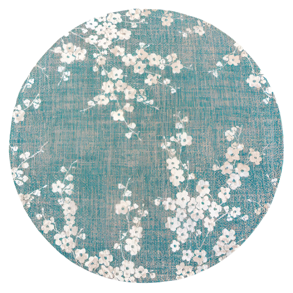 Round luxury Louis De Poortere Sakura rug with turquoise background and white floral cherry blossom design