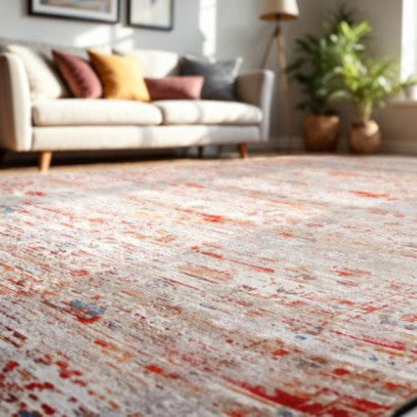 Louis De Poortere Ushak rug in a living room with beige sofa and colourful cushions