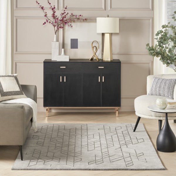 Nourison Alessia rug in grey with geometric pattern displayed in a modern living room setting