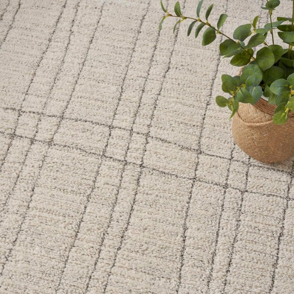 Close-up of luxury beige Nourison Andes Rug Collection with subtle geometric pattern and green plant in basket