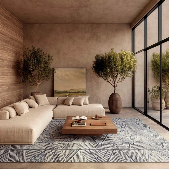 Luxury living room featuring a Nourison Colorado Rug Geometric Design in blue and white under a modern wooden coffee table