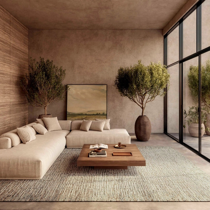 Nourison Colorado Rug Geometric Design luxury rug in a modern living room with beige sofa and large potted plants