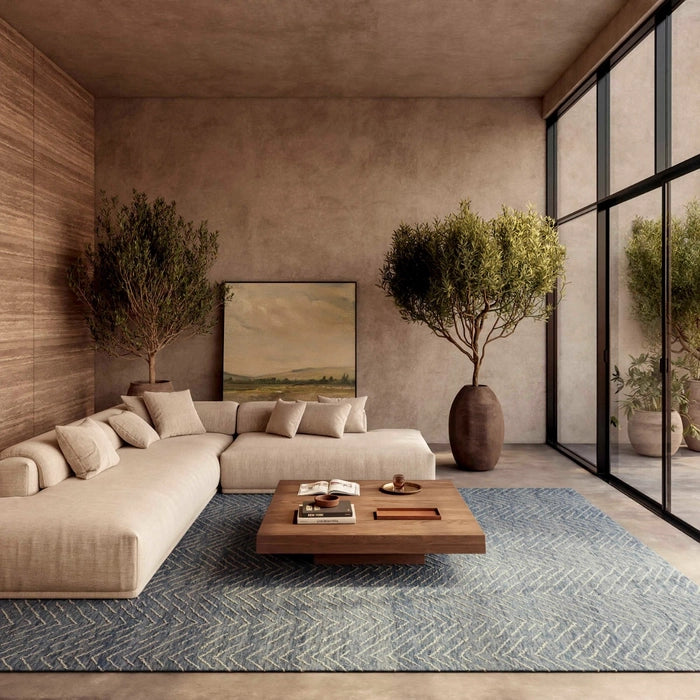 Nourison Colorado Rug Geometric Design in blue tones under wooden coffee table in modern beige living room