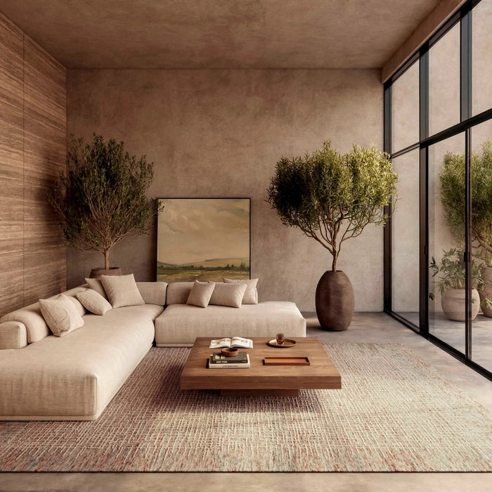 Luxury living room featuring Nourison Colorado Rug Geometric Design beneath wooden coffee table and cream sofa
