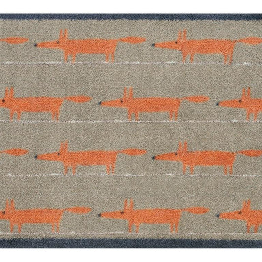 Turtle Mats Running Mr Fox Design floor mat with orange foxes on a grey background