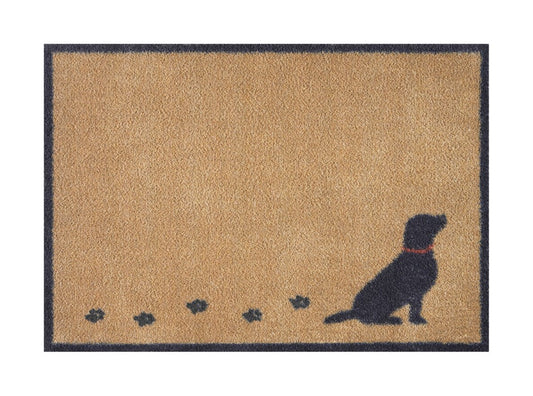Turtle Mats Walkies Design floor mat featuring a black dog silhouette and paw prints on brown background