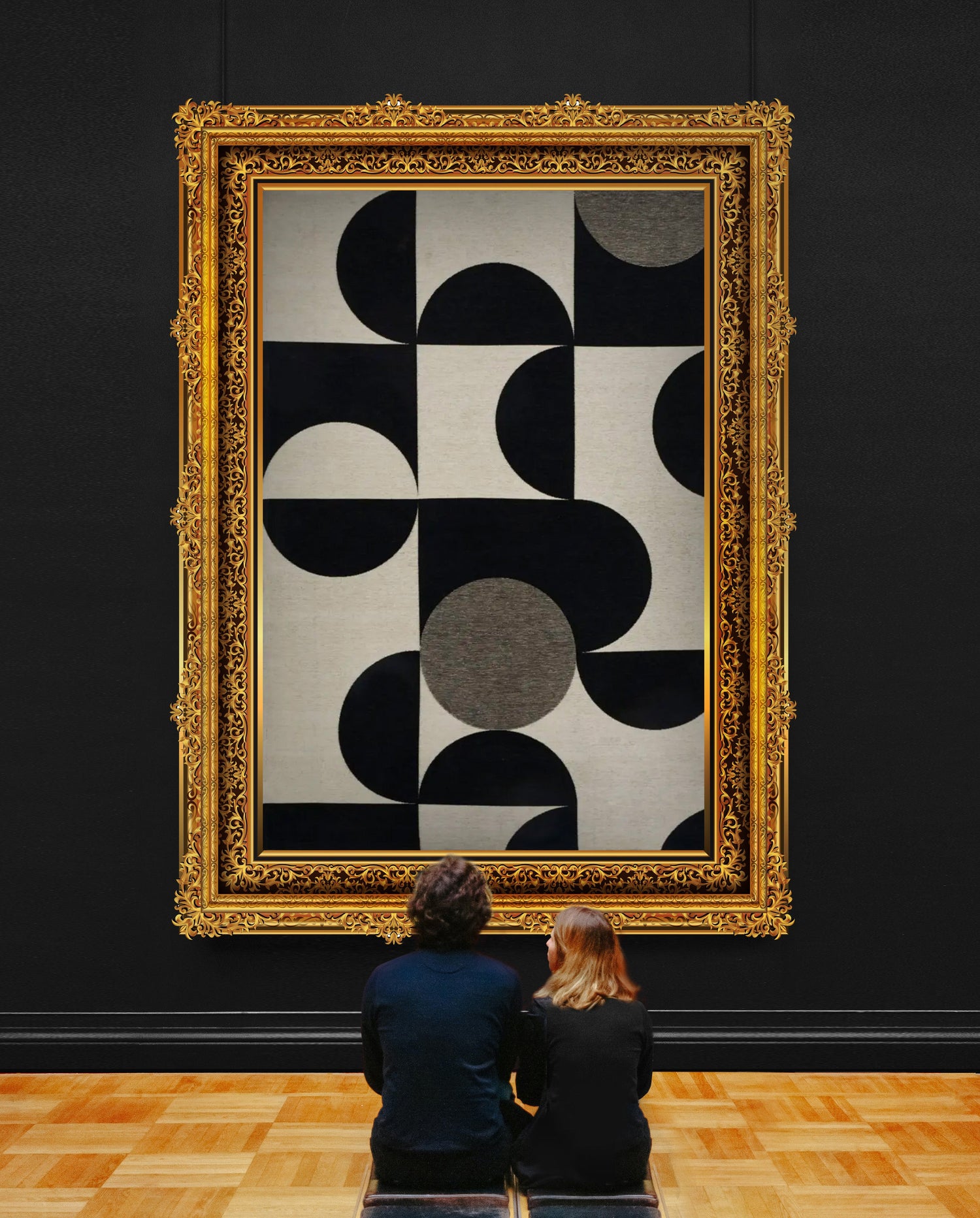The Art Deco Collection carpet with bold black and beige geometric patterns in an ornate gold frame