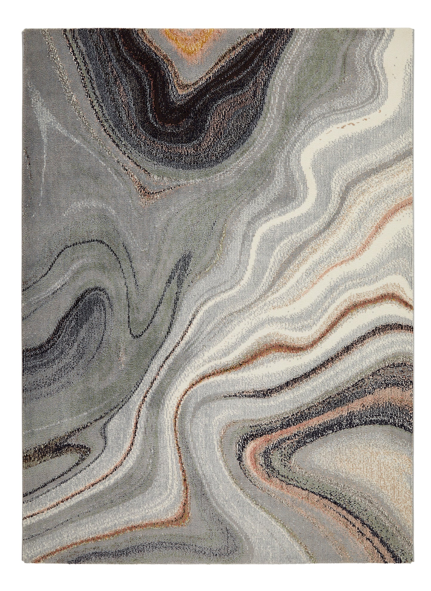 Concept Looms Amara Rug featuring a modern abstract design with swirling grey and earthy tones
