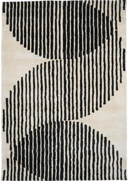 Rug with black abstract stripe pattern on a beige background