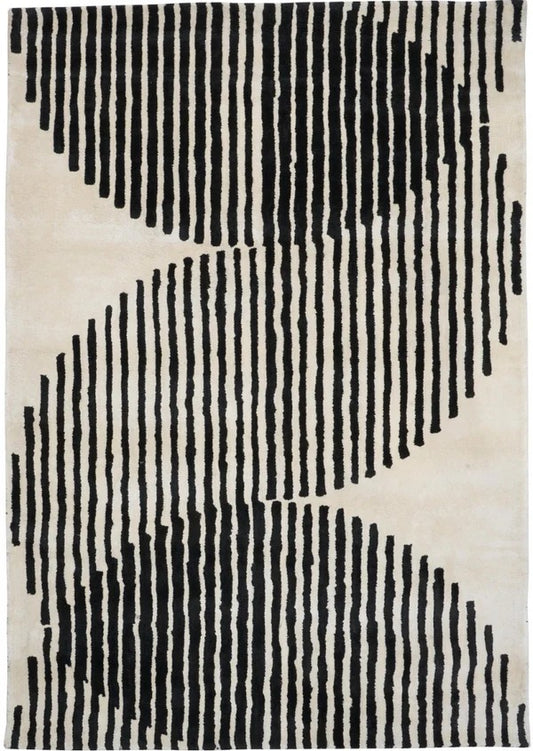 Rug with black abstract stripe pattern on a beige background